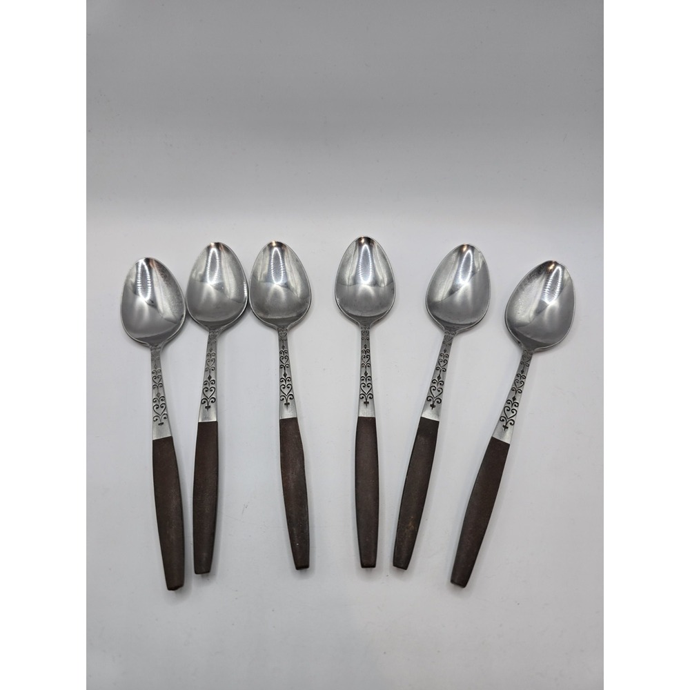 6 Interpur INR2 Stainless Spoons Brown Faux Wood Handle Flatware MCM Japan 6.75"